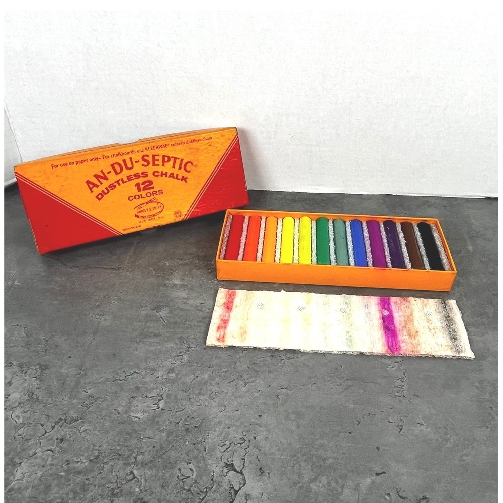 Vtg 1940s-1950s Binney & Smith An-Du-Septic Dustless Chalk 12 Colors No 6112 USA